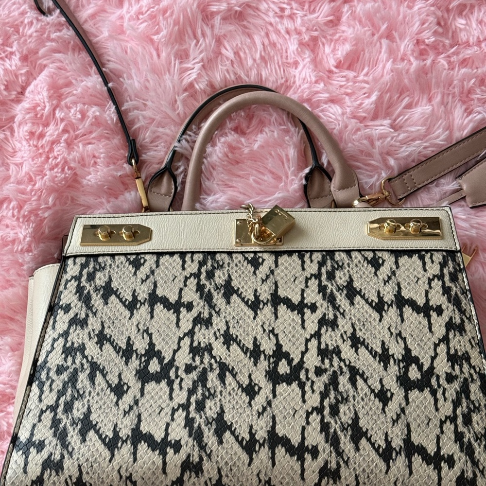 Aldo Cream and Black Snake Print Satchel